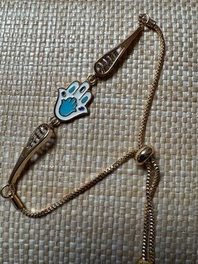 Adjustable Hamsa Blue, White, and Gold Bracelet with Rhinestones